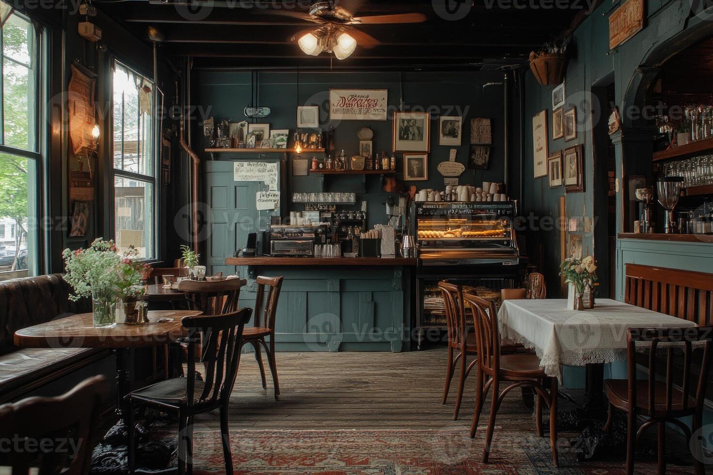 Charming vintage coffee shop interior with cozy atmosphere photo