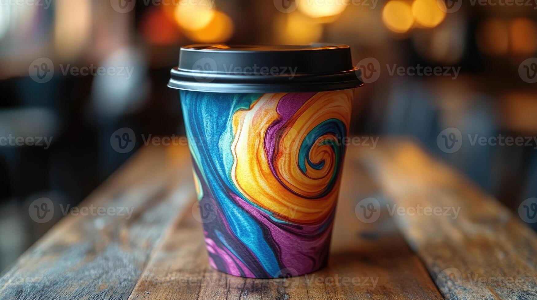 Colorful paper coffee cup sitting on wooden table in cafe photo