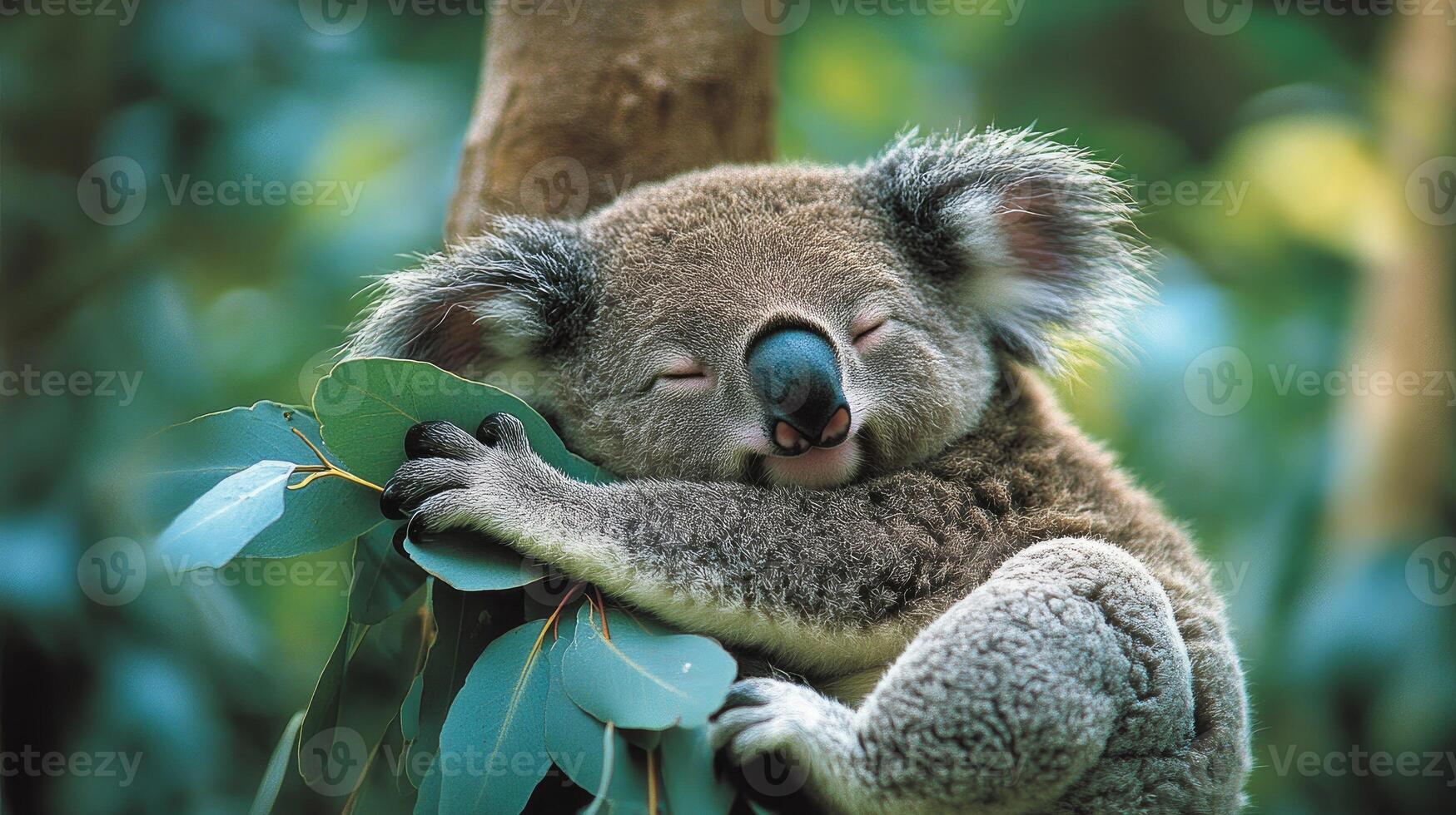 Koala sleeping peacefully while holding eucalyptus leaves photo