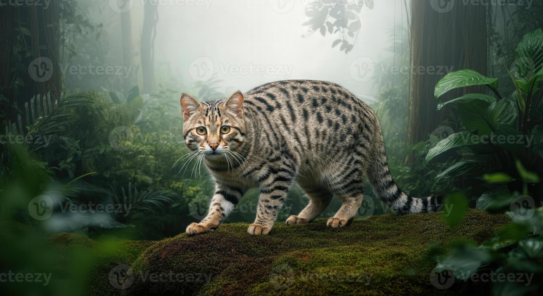 Wild leopard cat in lush green jungle ambience for nature conservation concepts photo