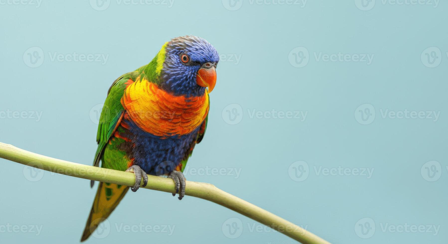 Vibrant rainbow lorikeet perched on branch against soft blue background photo