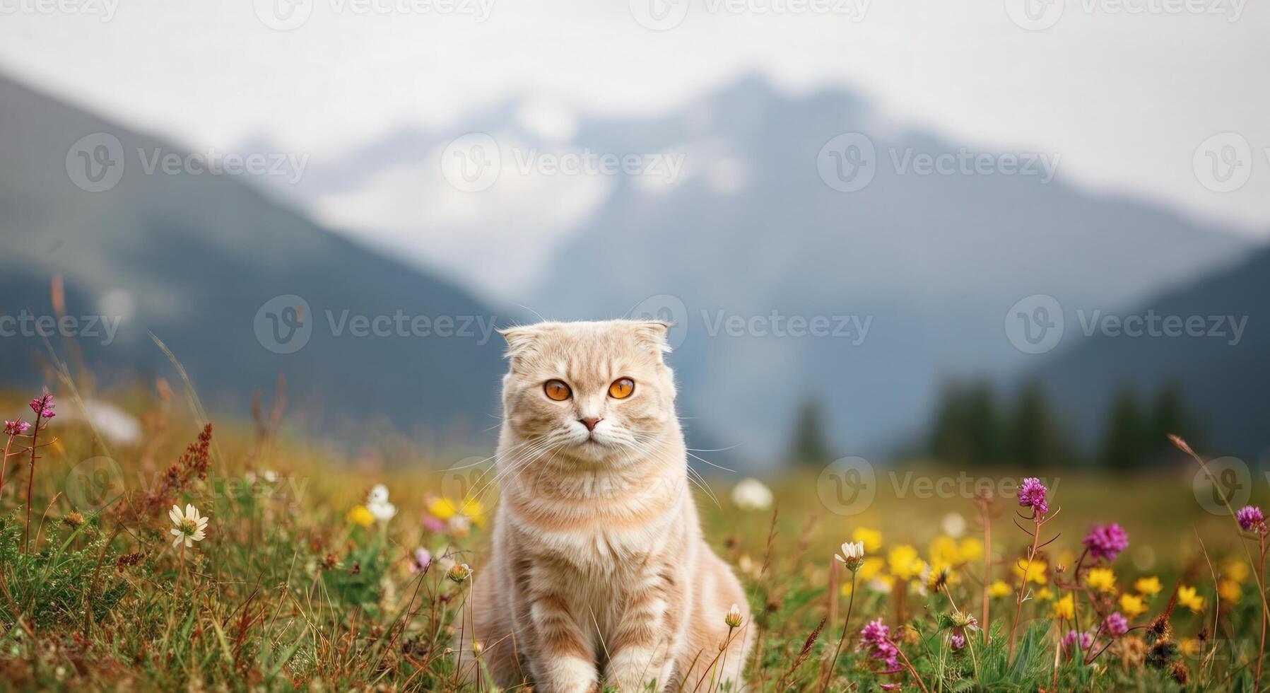 Serene scottish fold cat in a vibrant mountain wildflower meadow photo
