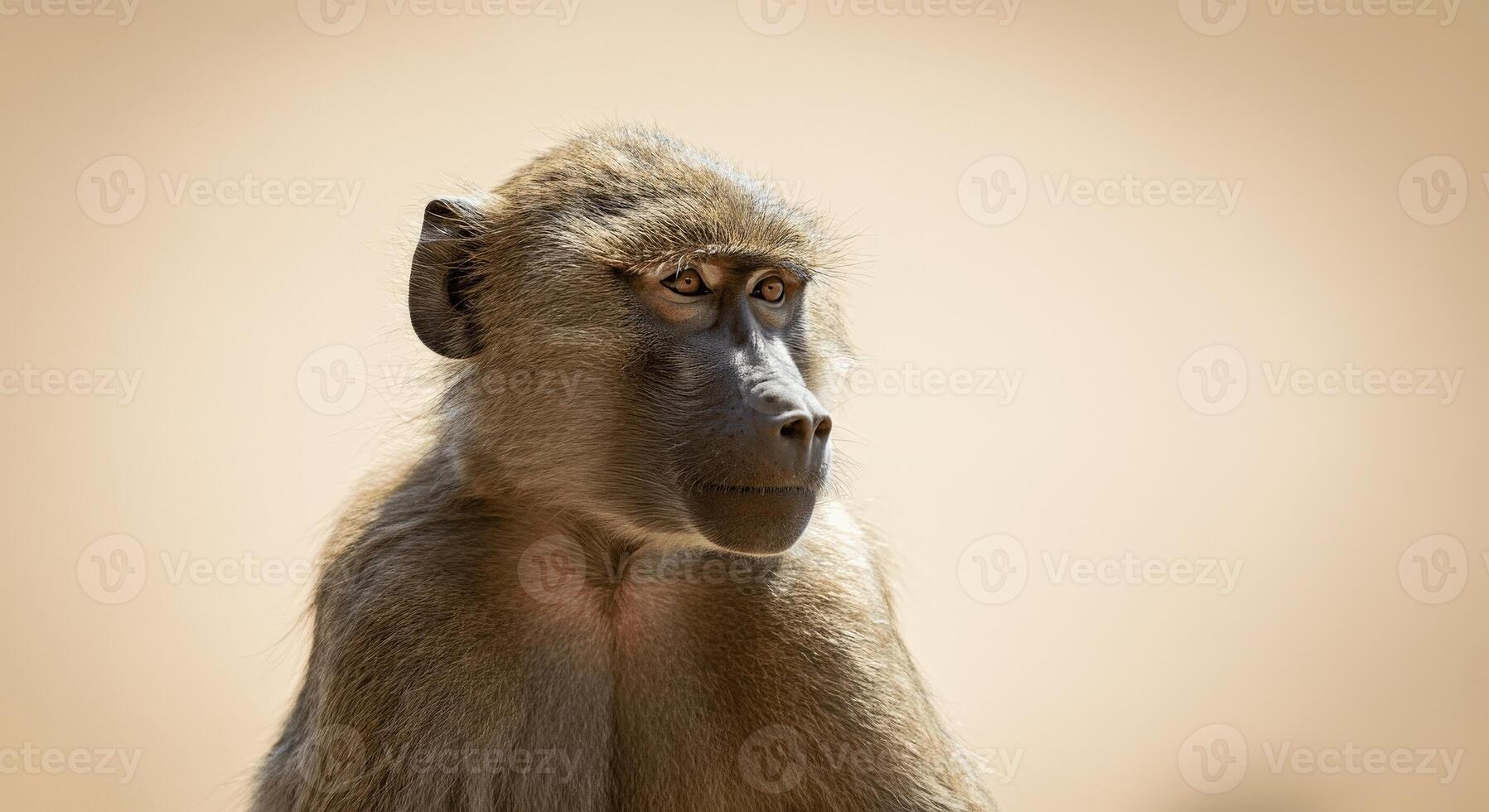 Thoughtful baboon in natural habitat displaying intense focus and serenity photo