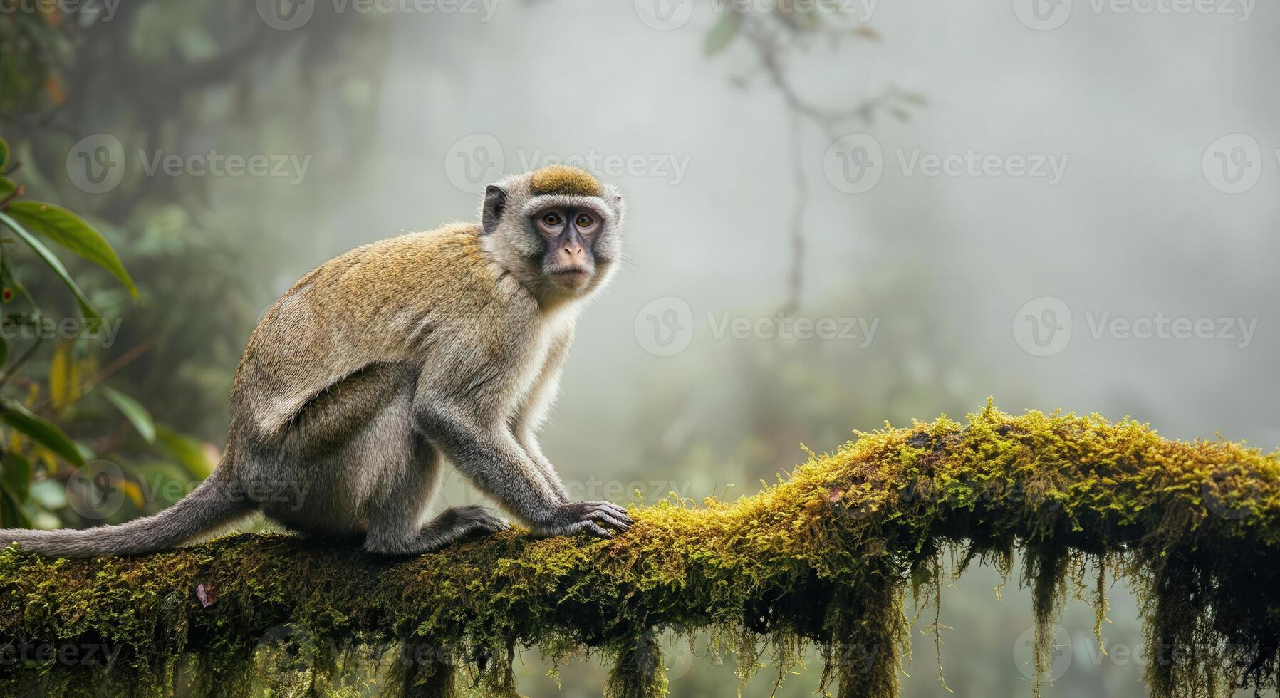 Curious monkey in misty forest jungle scene featuring lush greenery and moss-covered branch photo