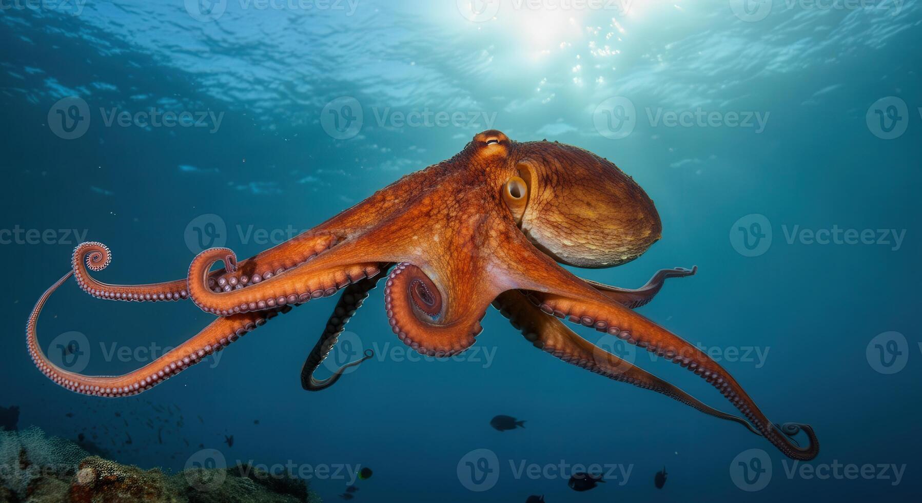 Graceful octopus gliding through sunlit ocean depths encounter with marine life photo