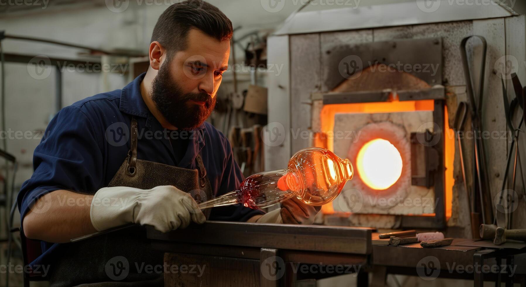Artisan crafting blown glass sculpture in workshop - traditional glassblowing techniques in action photo