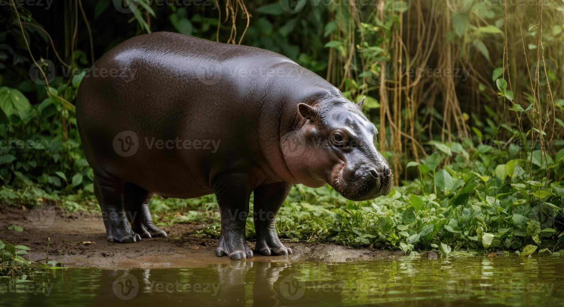 Young hippopotamus in lush green jungle beside riverbank photo