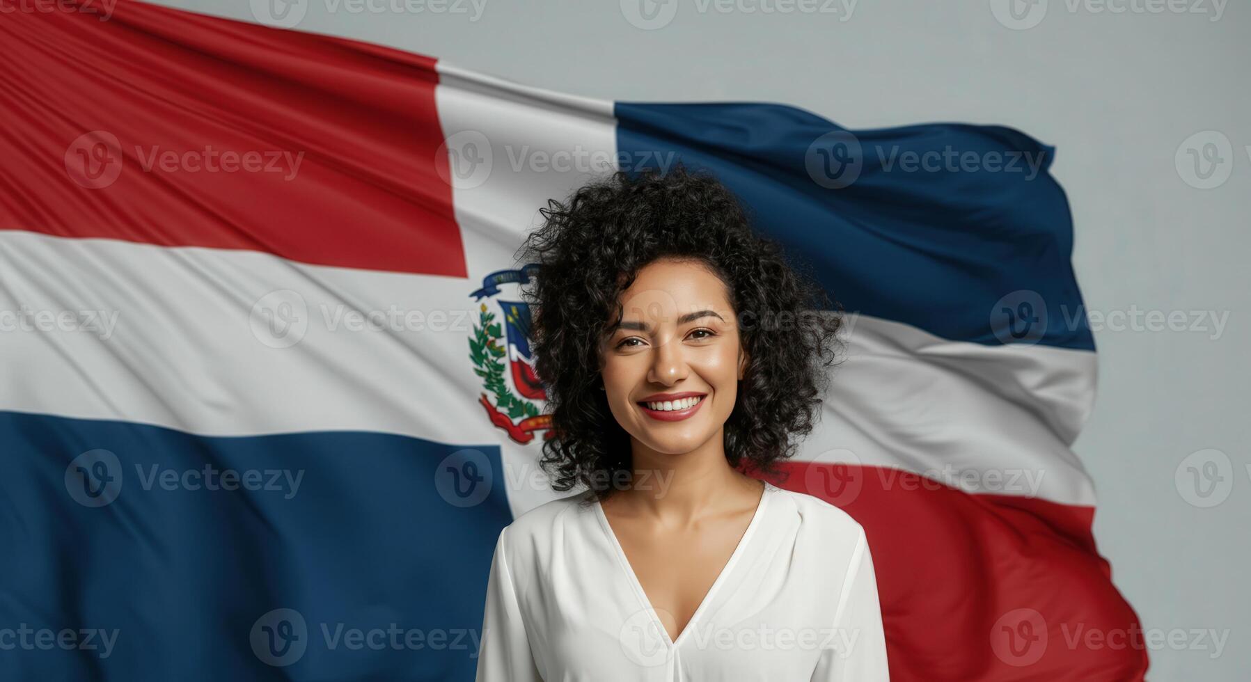 Smiling woman with dominican republic flag background, celebrating cultural heritage photo