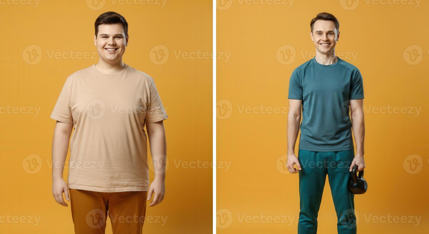 Body transformation journey - dual portrait of adult caucasian men in casual and sportswear against warm orange background photo