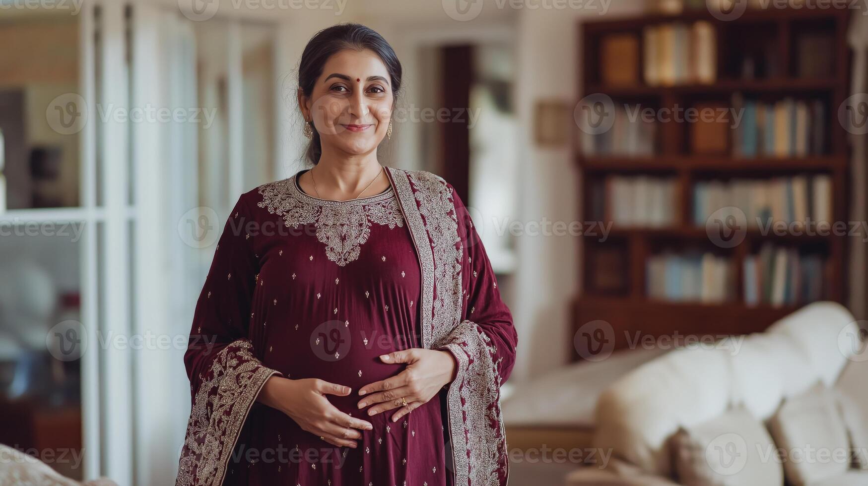 Confident pregnant pakistani woman in traditional attire at home setting photo