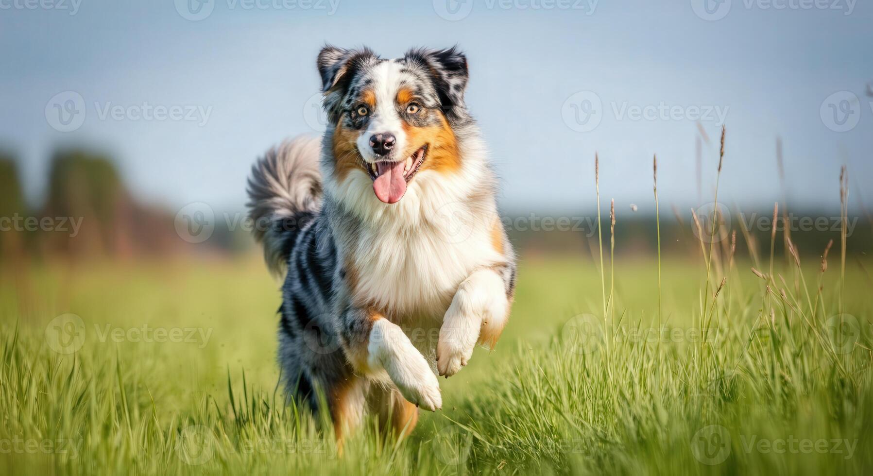 Energetic australian shepherd enjoying a run in scenic green field photo