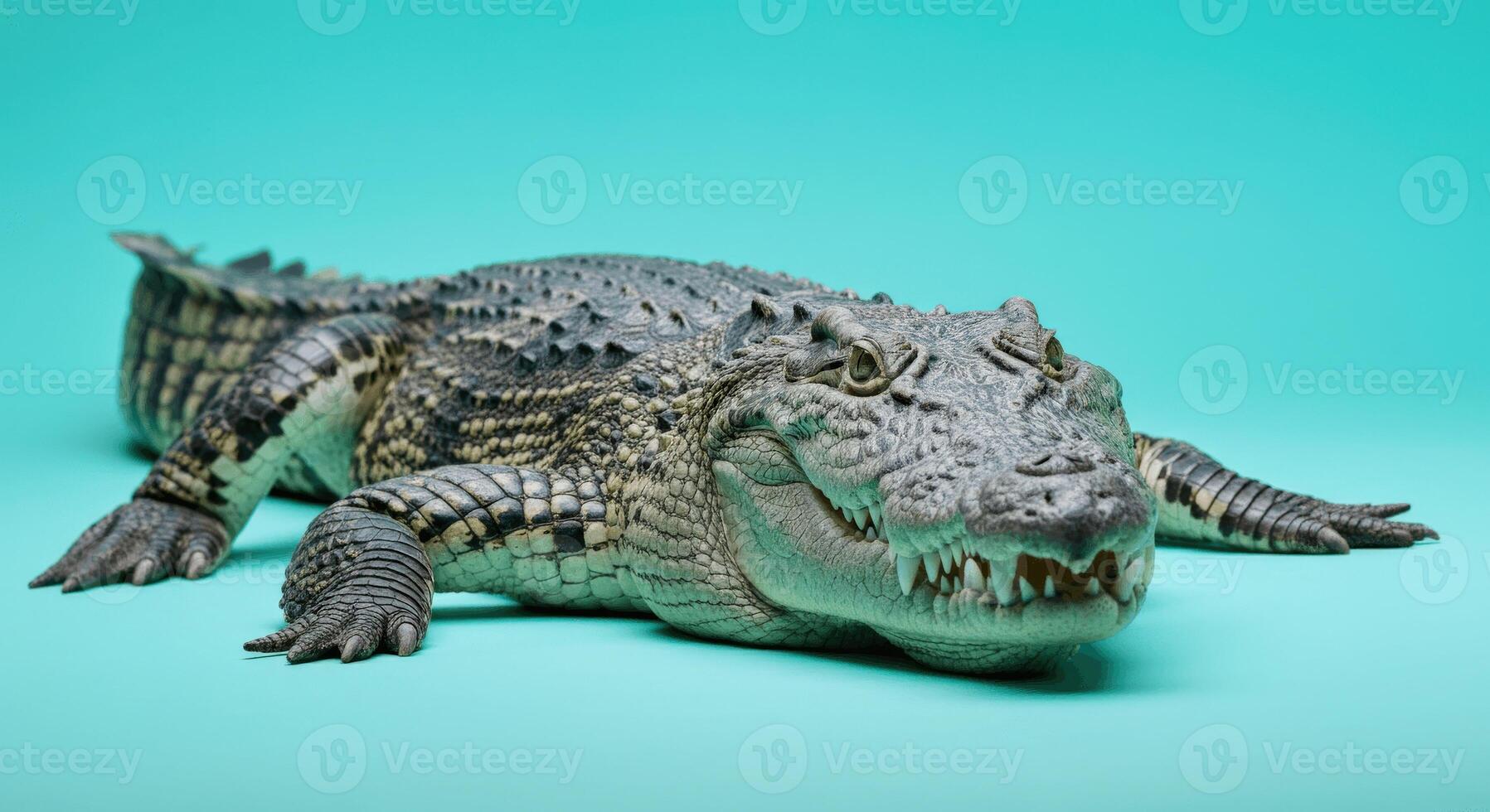 Lifelike alligator on cyan background, perfect for wildlife themes and educational materials photo