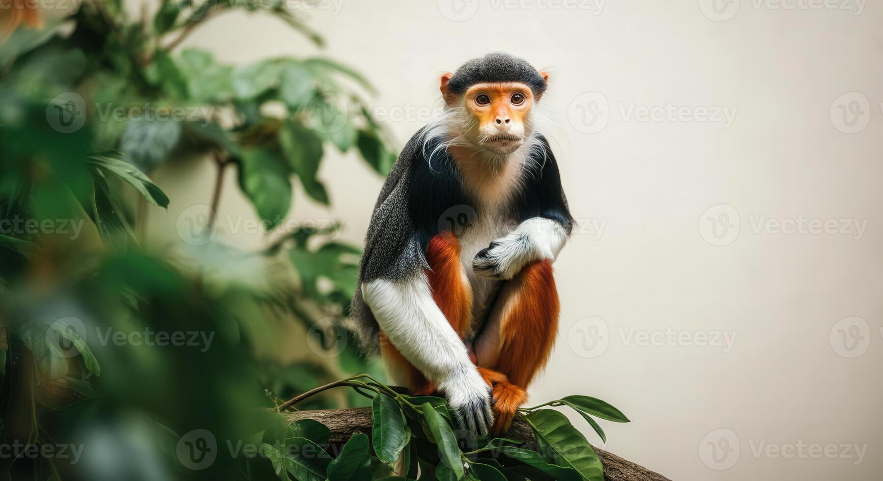 Elegant red-shanked douc langur resting in lush green foliage photo