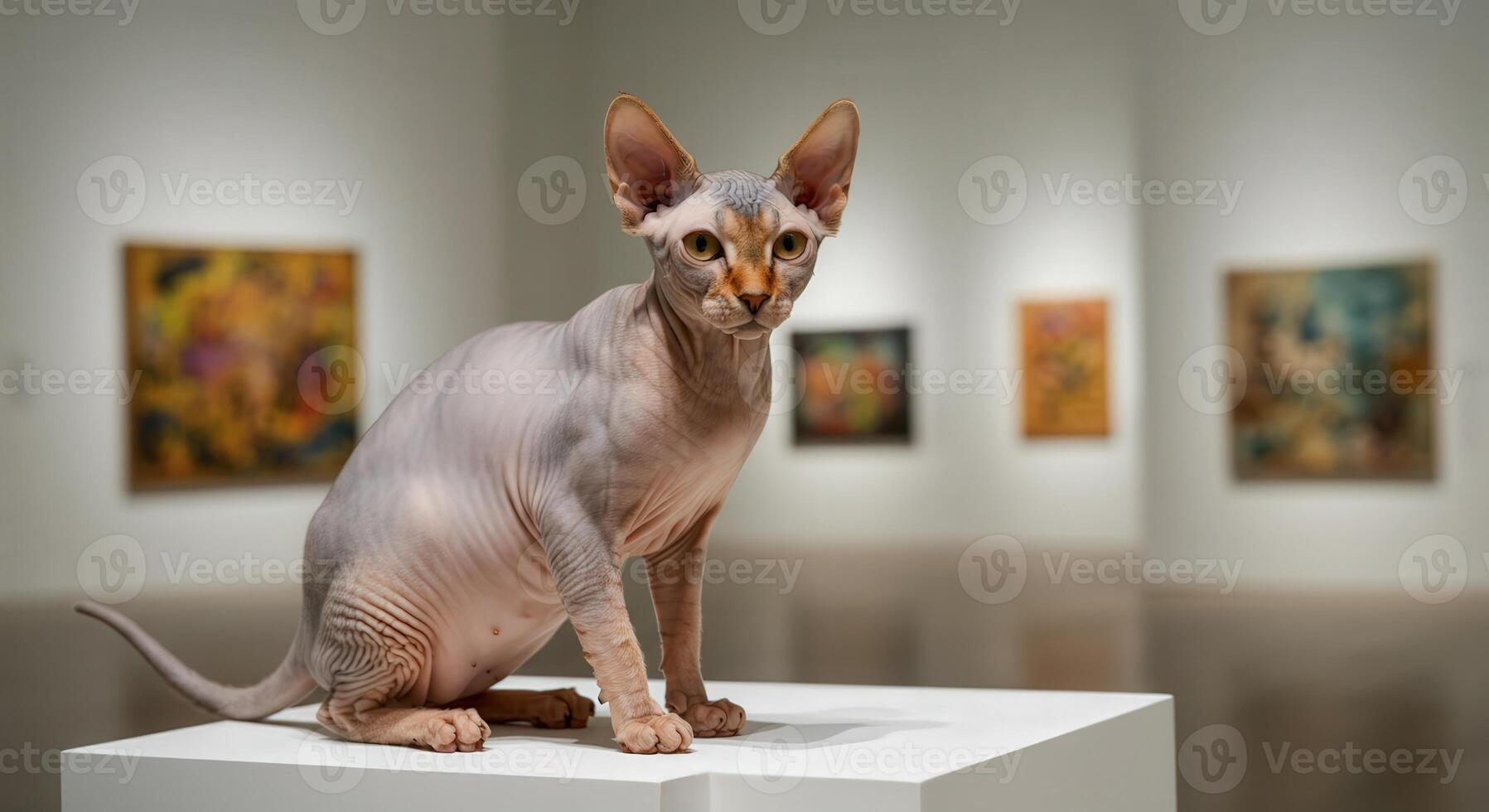 Sphynx cat in modern art gallery setting with abstract paintings photo