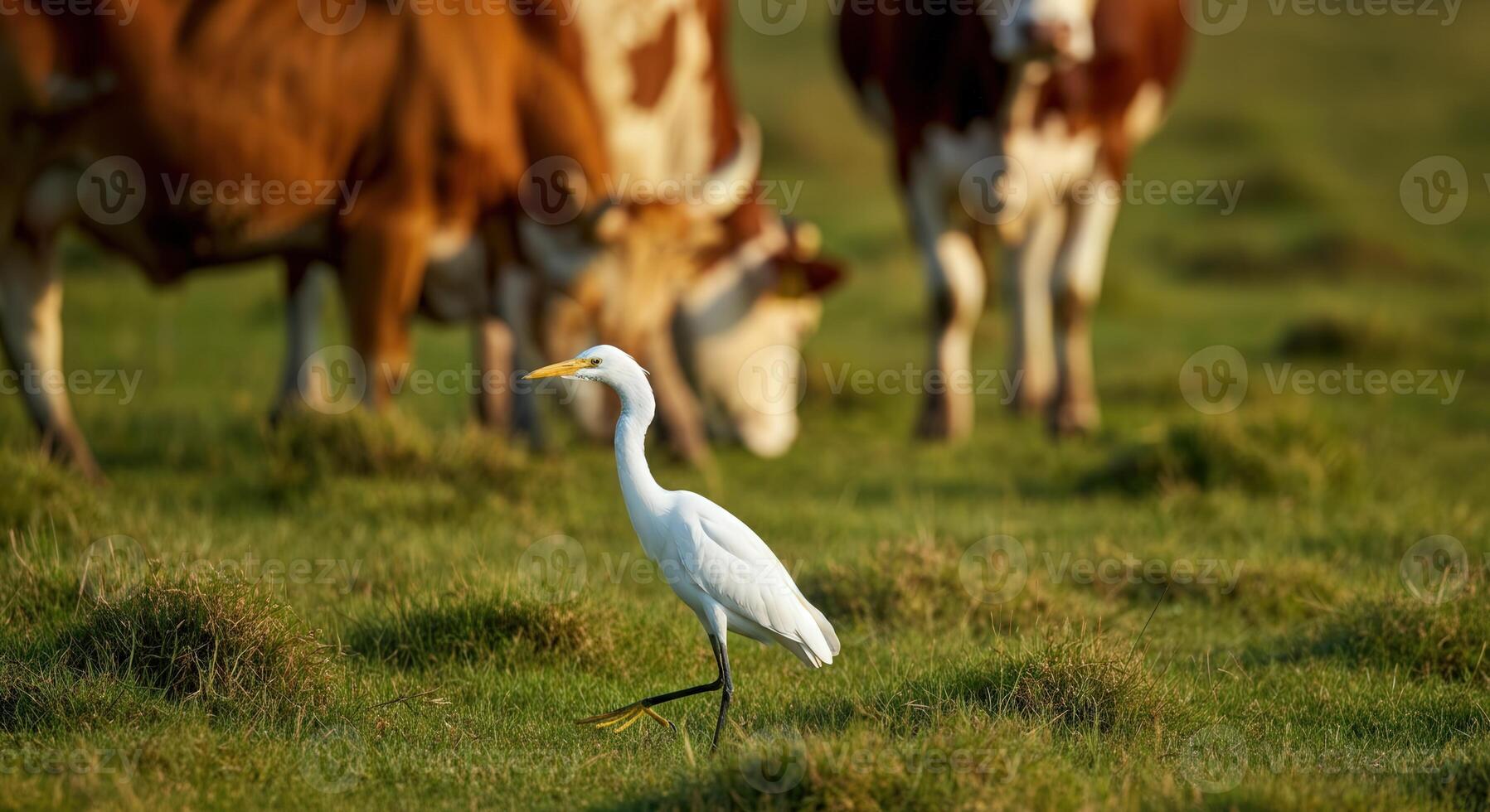 Elegant egret in pastoral field with grazing cows on a sunny day photo