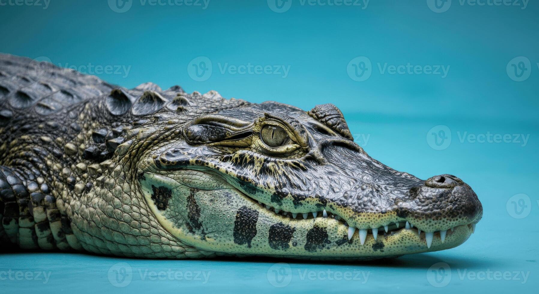 Close-up portrait of a crocodile against blue background for wildlife conservation awareness photo