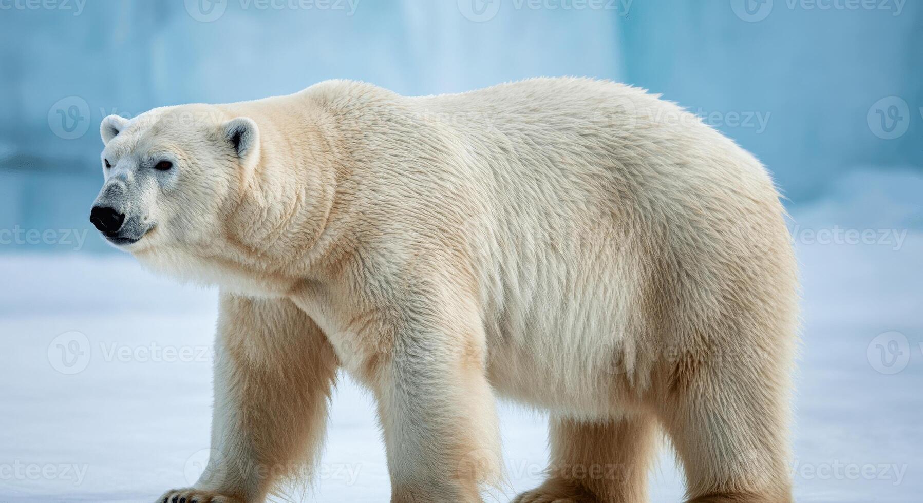 Majestic polar bear strolling on ice with glacier backdrop in arctic wilderness photo