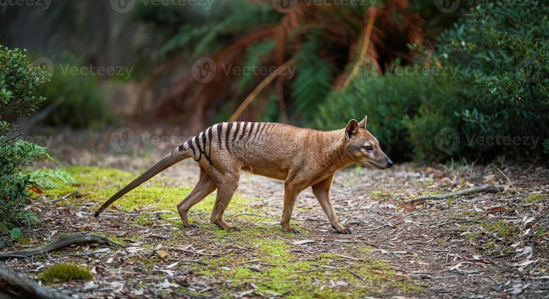 Extinct thylacine roaming in lush forest setting for wildlife conservation photo