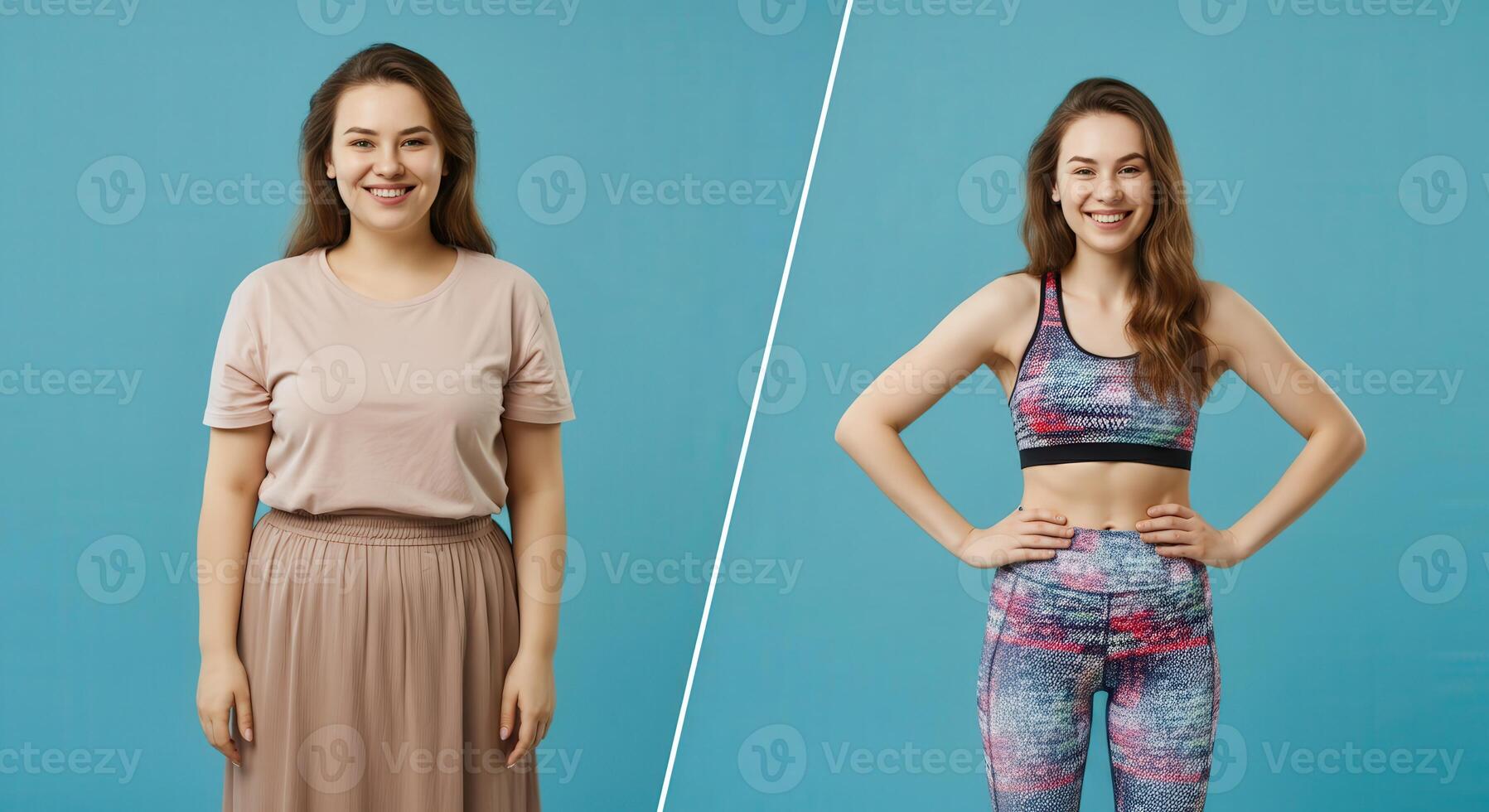 Transformation journey of caucasian young adult female in casual to athletic wear photo