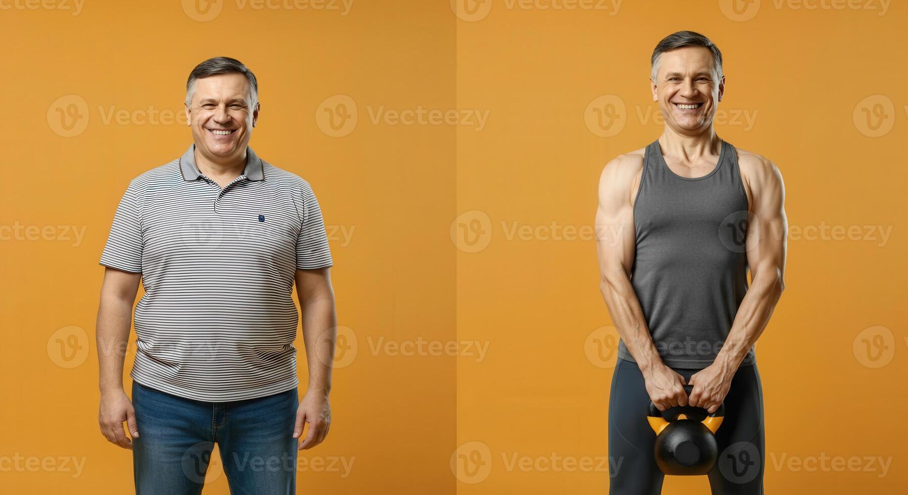 Transformation of mature caucasian male with exercise and fitness on vibrant background photo