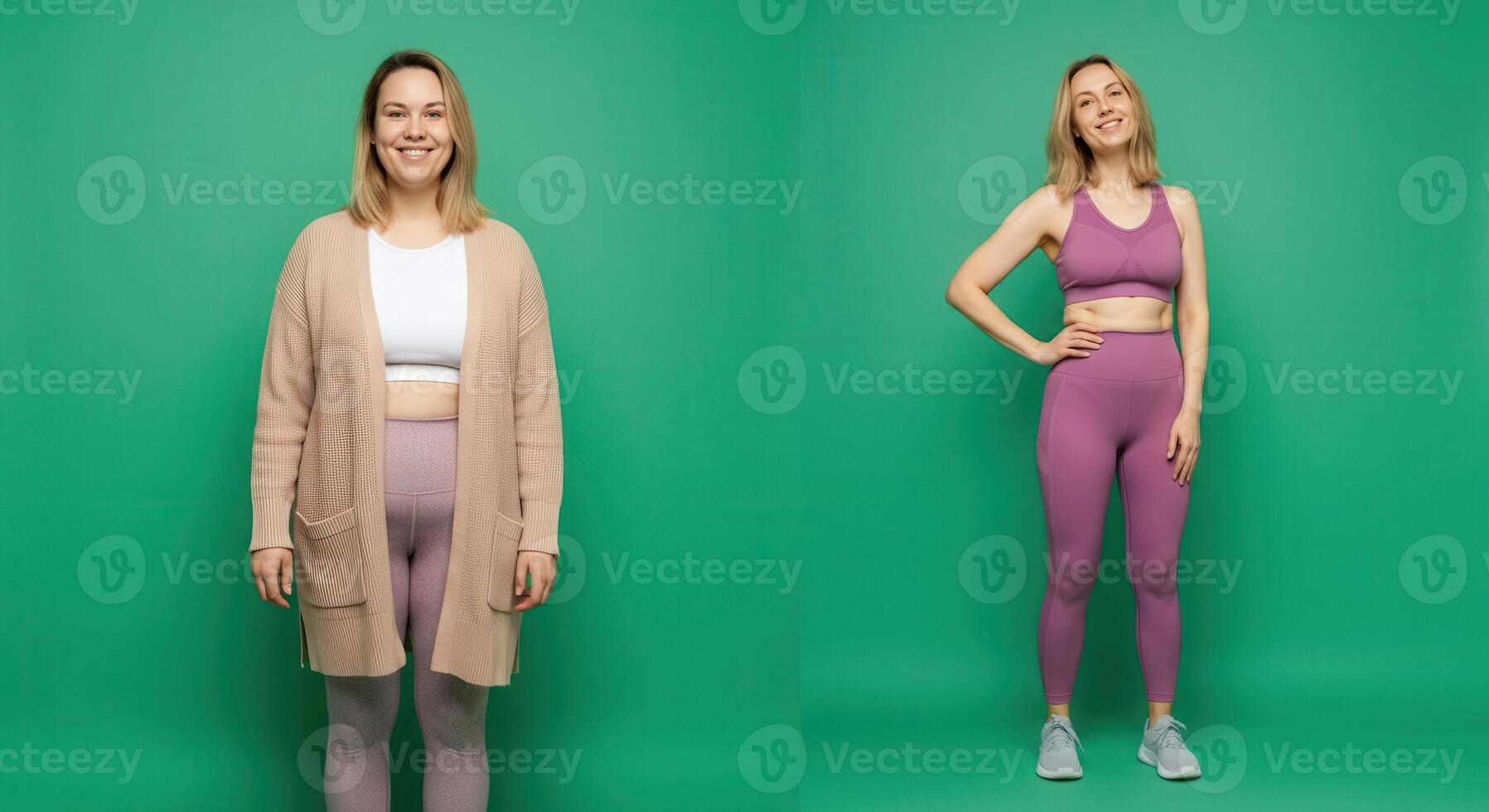 Transformation journey of a young caucasian female in casual and activewear on green background photo
