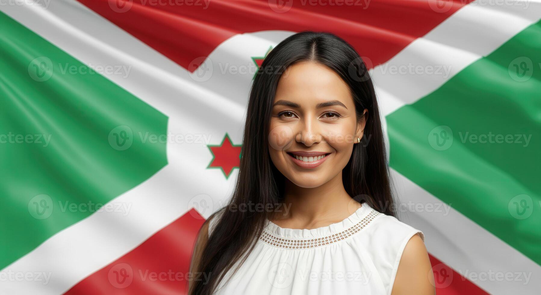 Confident woman smiling against burundi national flag for cultural diversity and global awareness photo