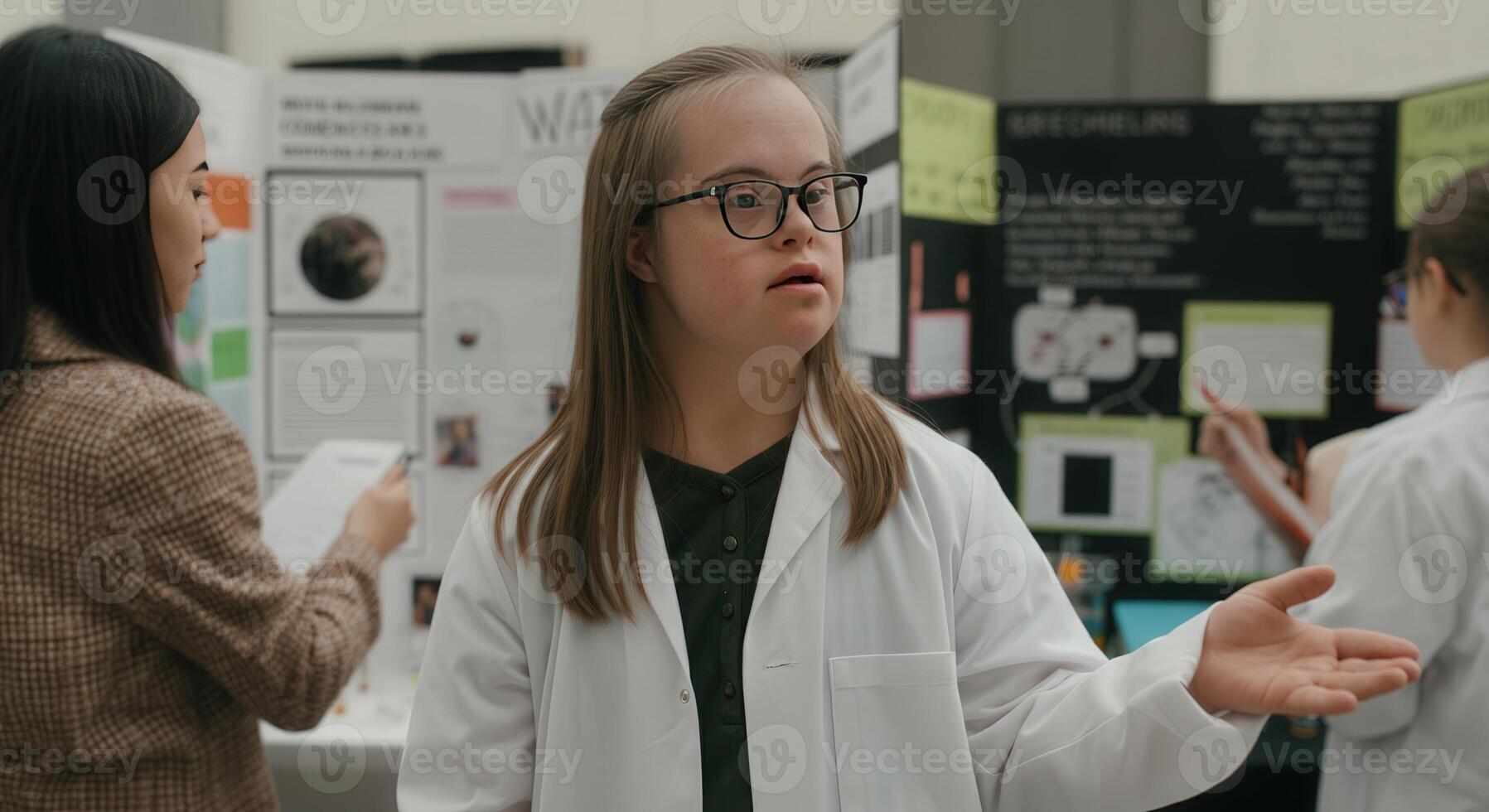Diversity in science education, students in lab coats present research projects in classroom setting photo