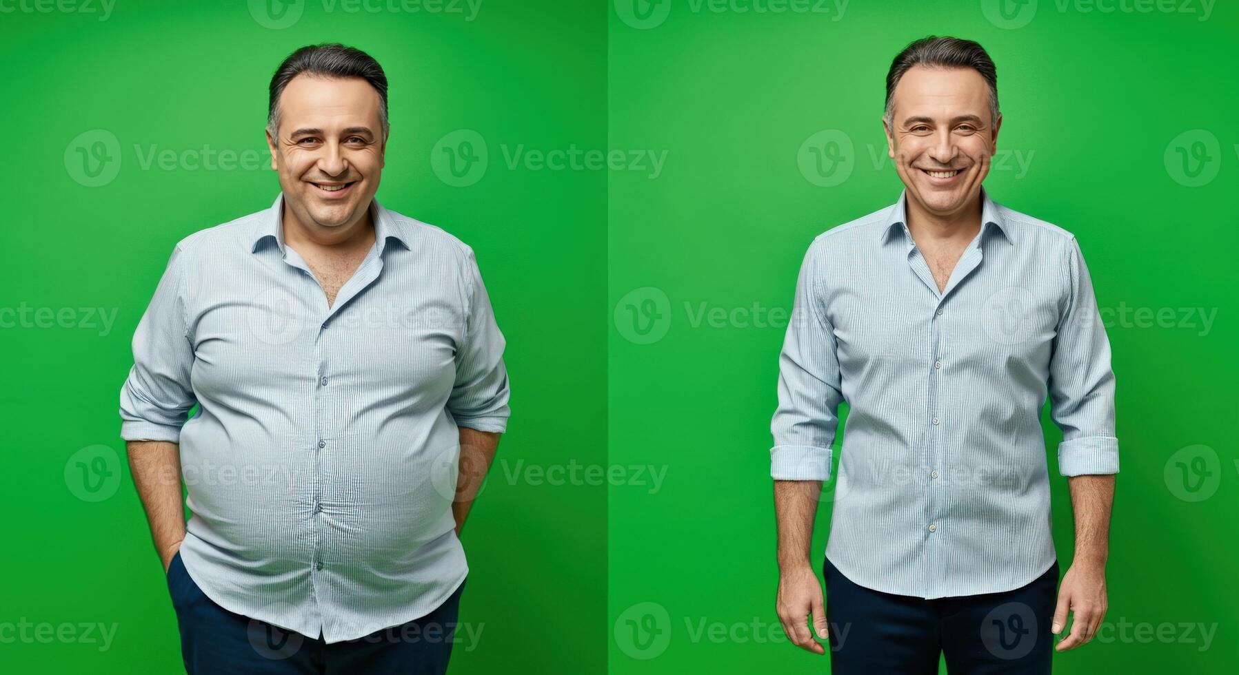 Transformation journey concept, fitness and health progress, before and after results on green background photo