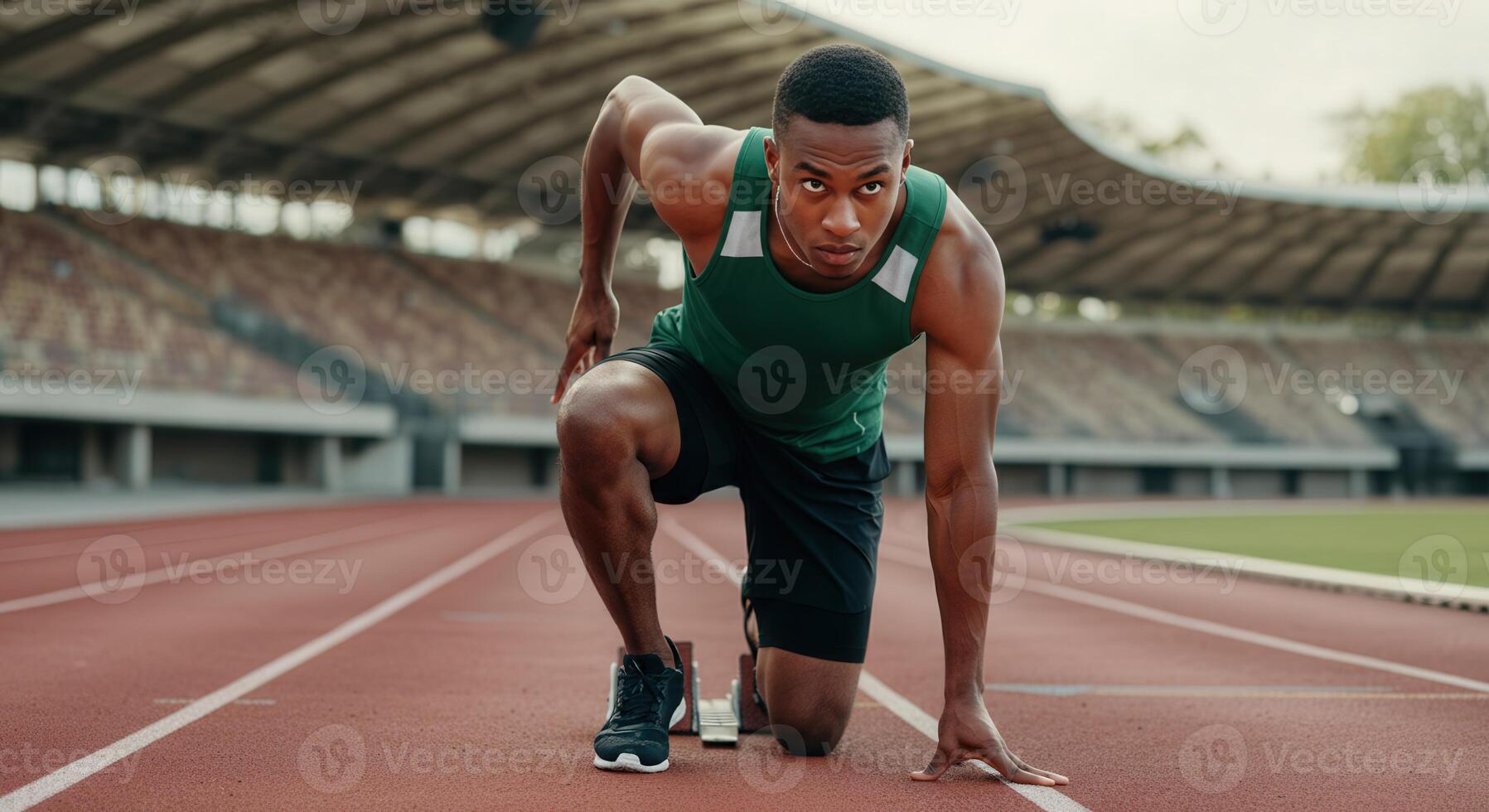Determined track athlete ready to sprint on outdoor racing track photo