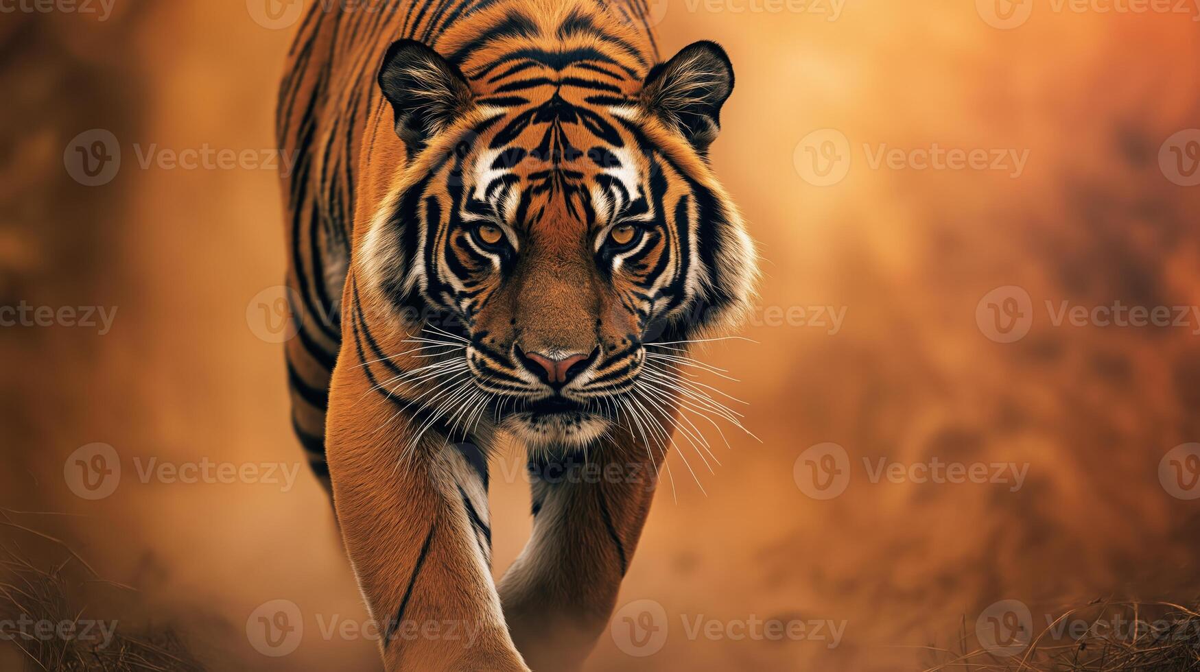 Majestic tiger in motion on a warm gradient background for wildlife and nature prints photo