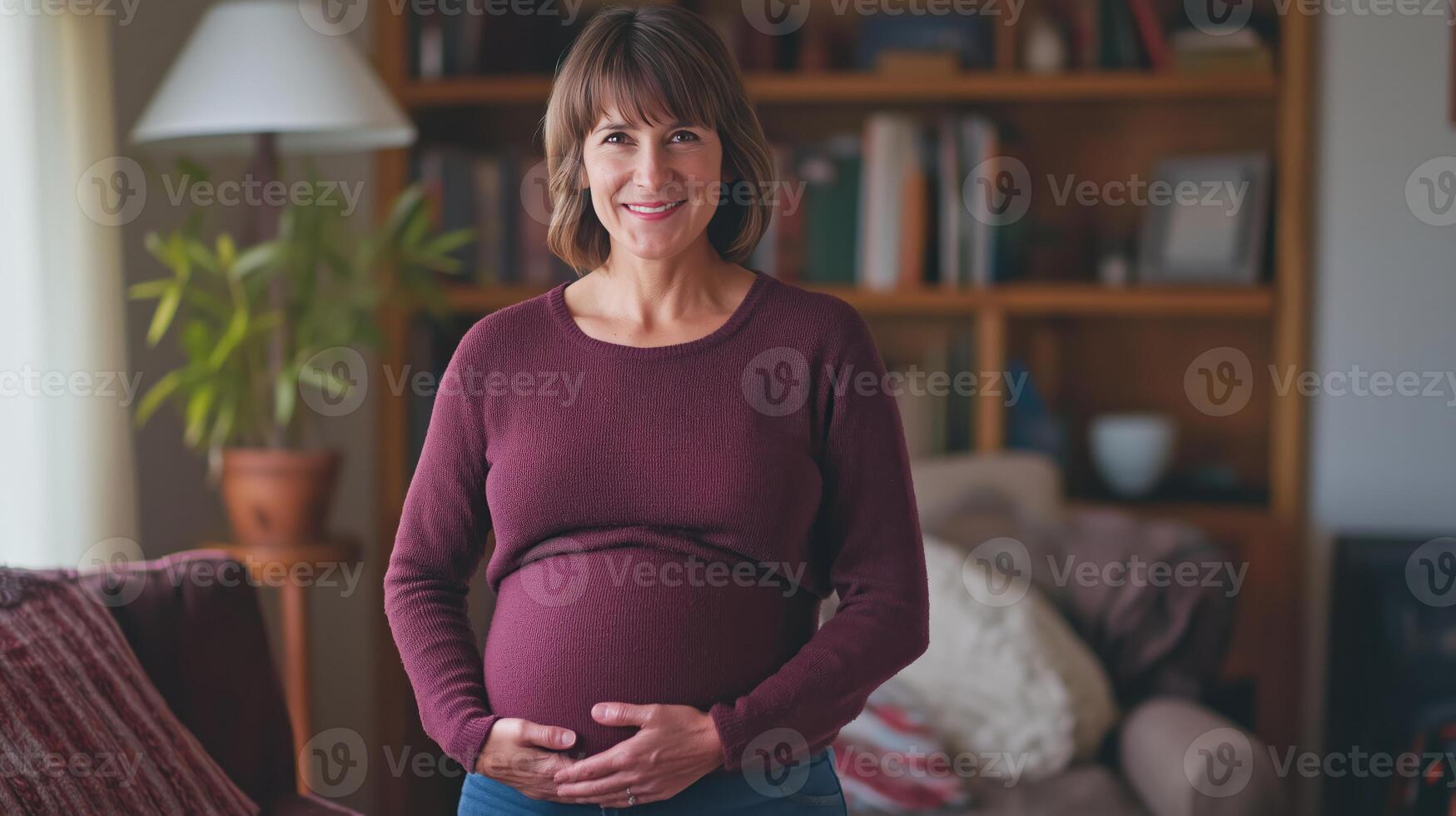 Middle aged pregnant woman standing indoors in cozy living room ambiance photo