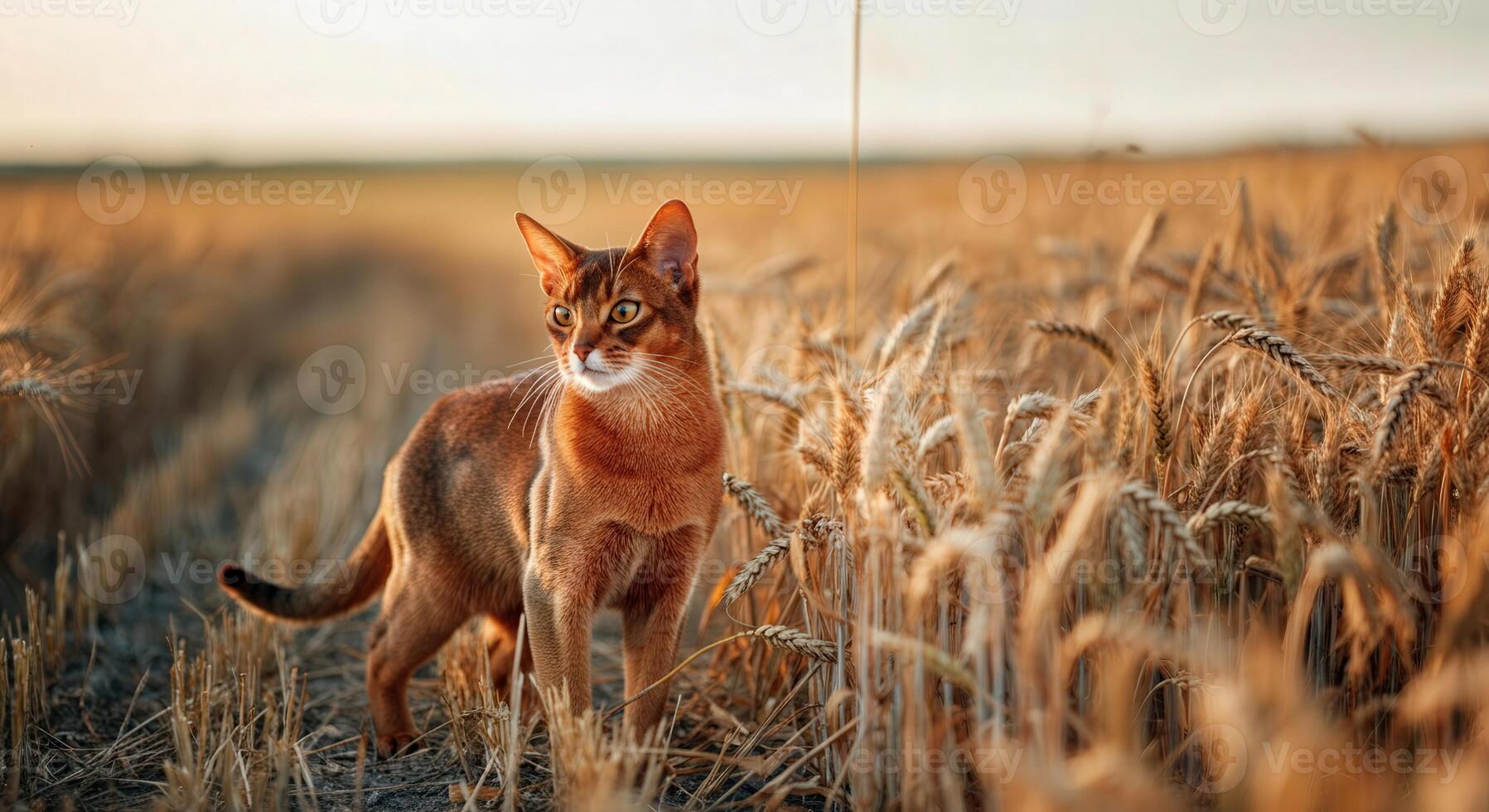 Abyssinian cat walking through golden wheat field in late afternoon light photo