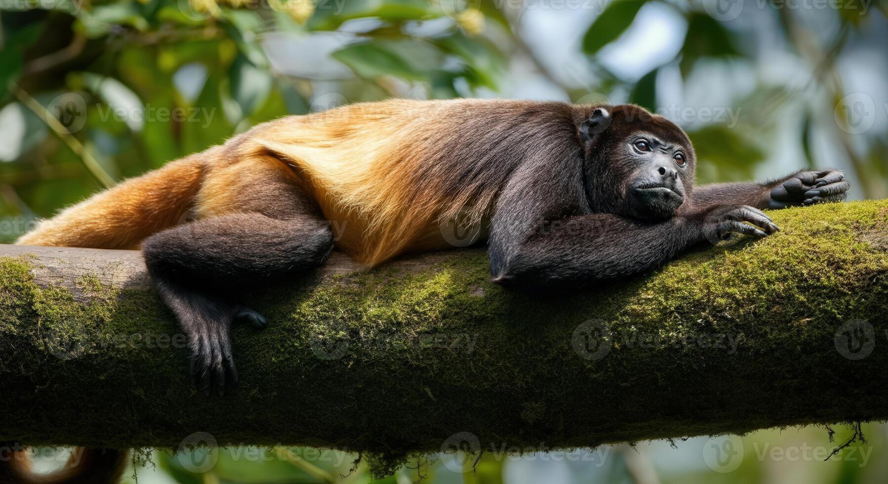 Relaxed howler monkey in lush rainforest setting for nature and wildlife enthusiasts photo