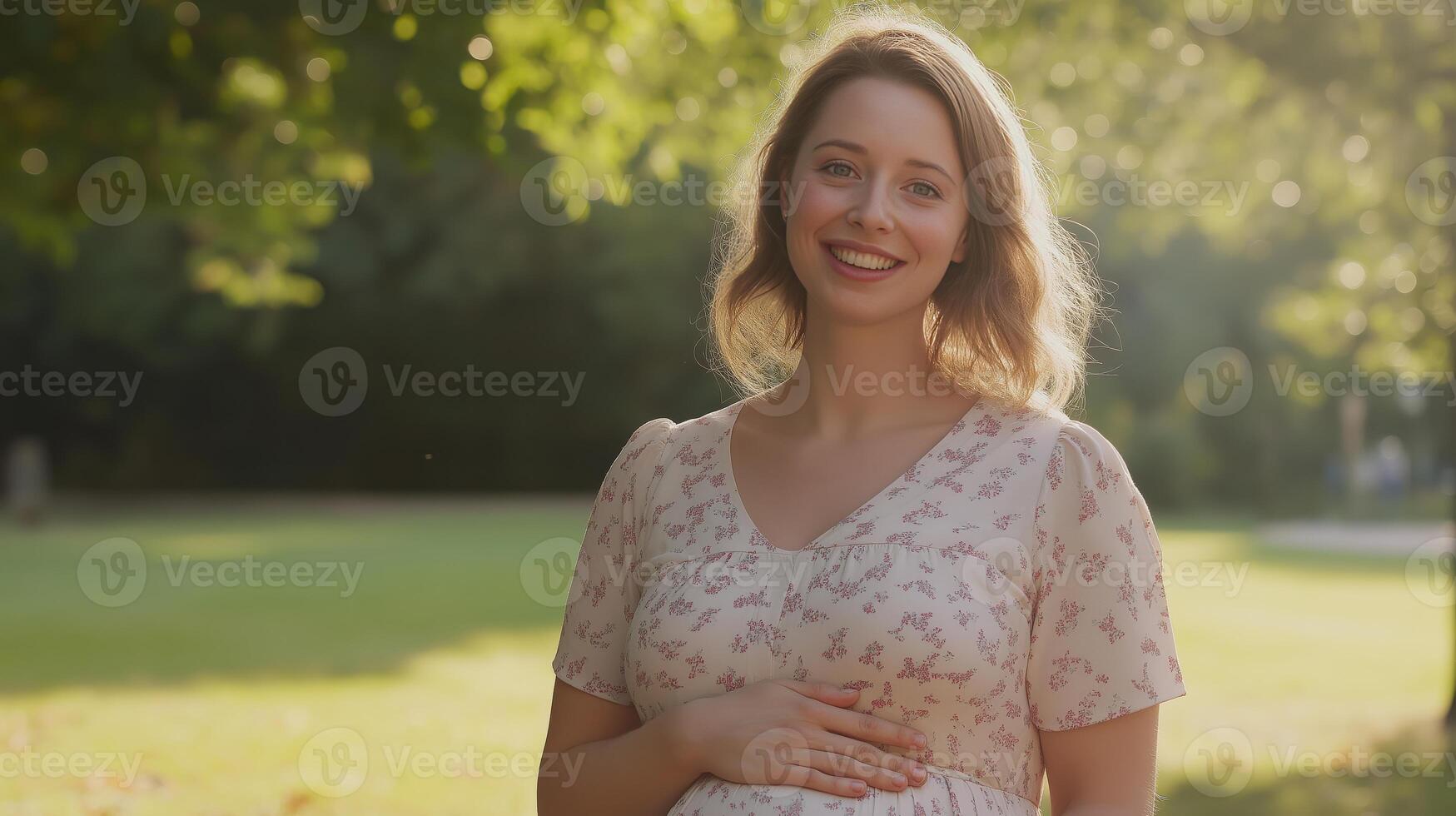 Young pregnant woman enjoying a sunlit park, embracing nature and tranquility photo