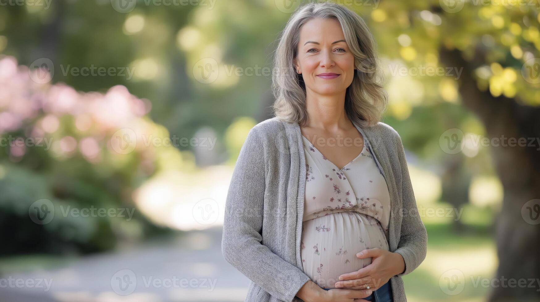 Tranquil outdoor portrait of middle-aged pregnant woman in nature setting for maternal health and wellness photo