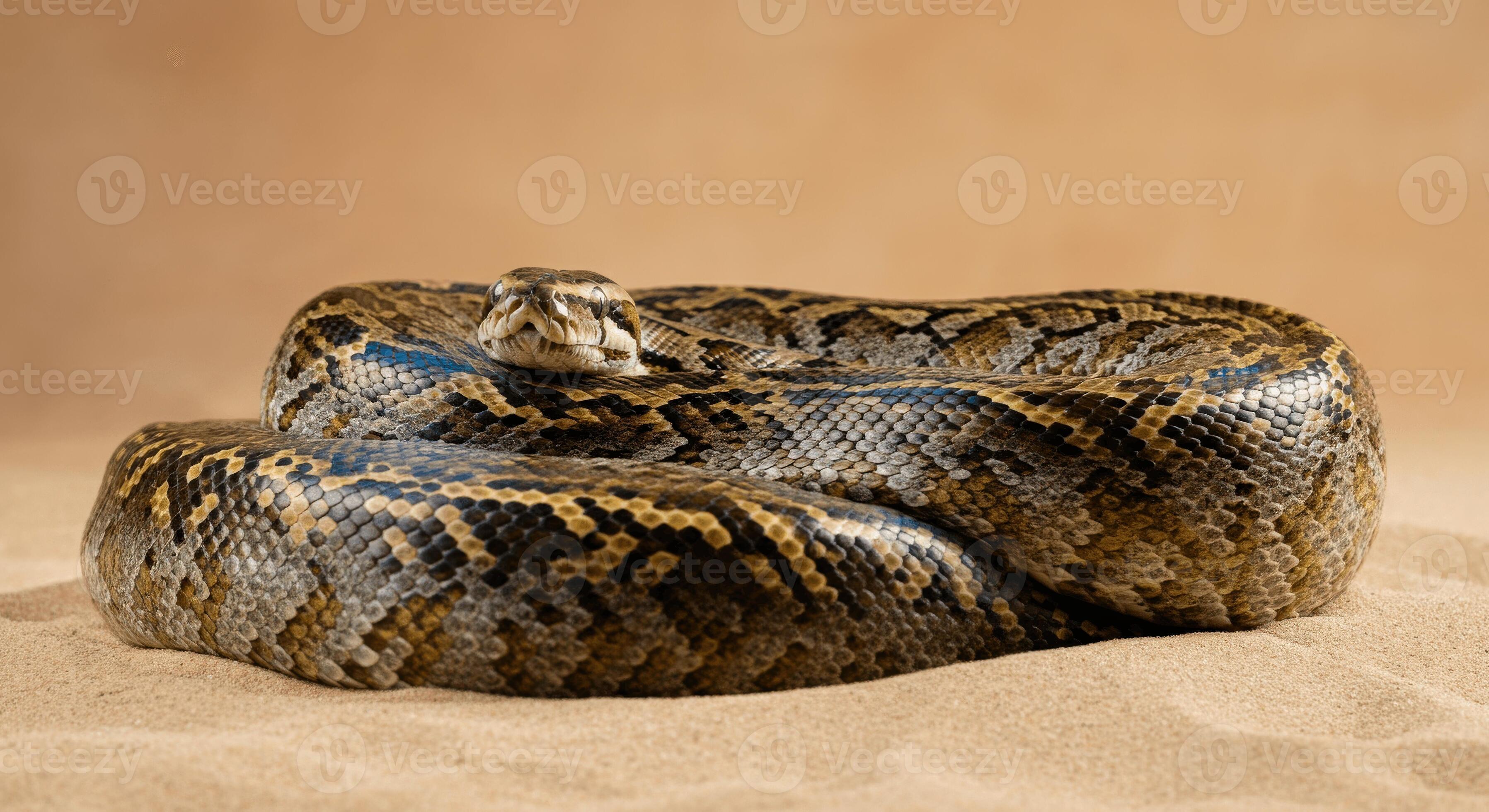 Close-up of a coiled python snake on sand with subtle brown background ...