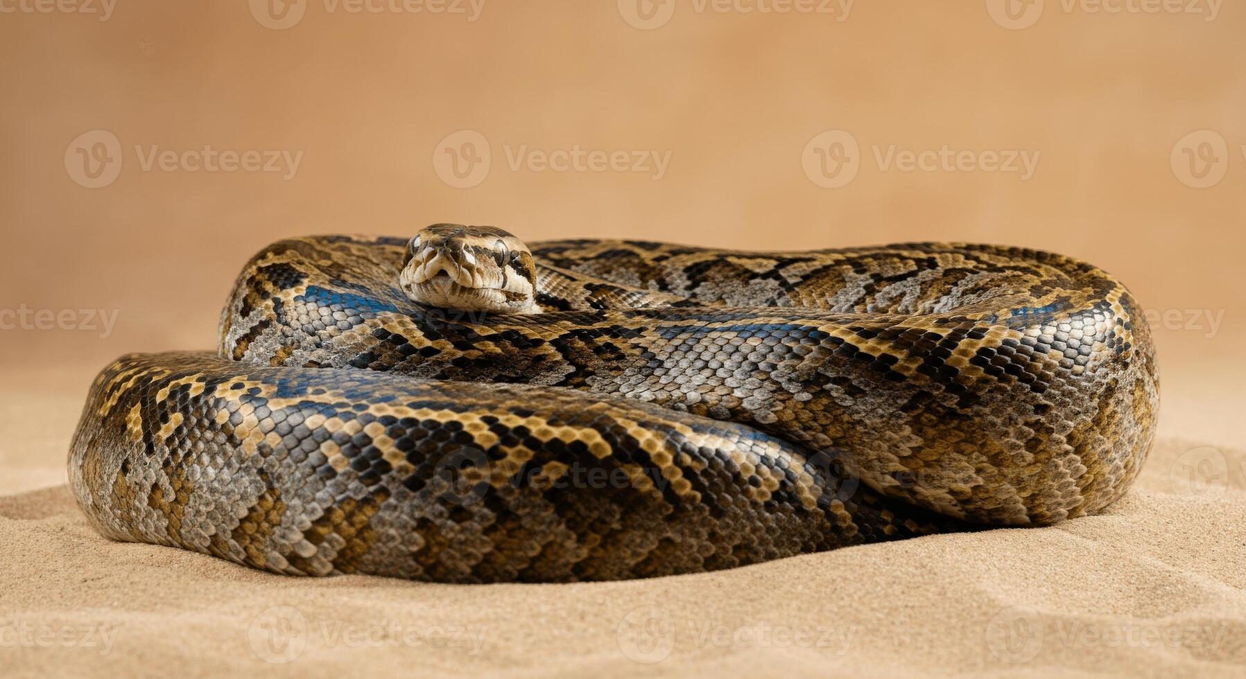 Close-up of a coiled python snake on sand with subtle brown background for wildlife and nature enthusiasts photo