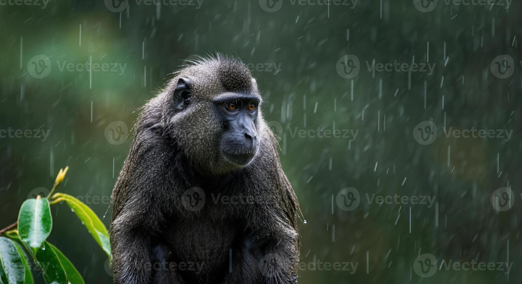 Rainy jungle encounter with a thoughtful monkey amidst lush greenery photo