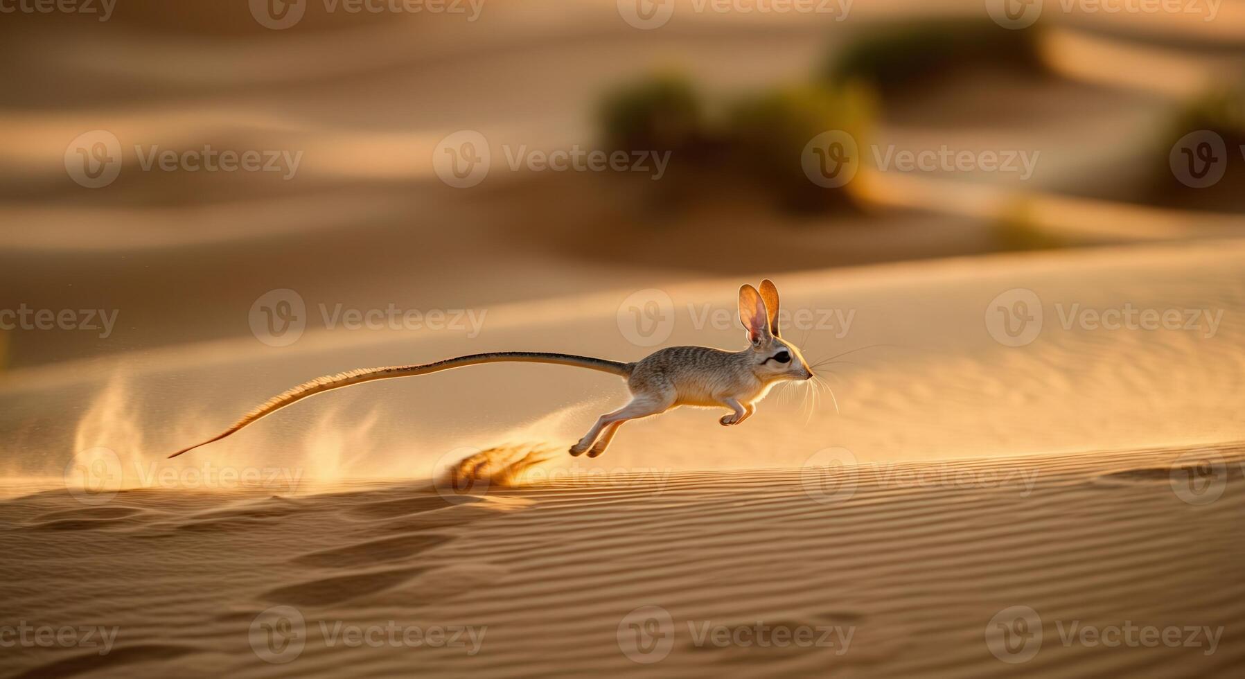 Agile jerboa leaping through golden desert dunes in striking evening light photo