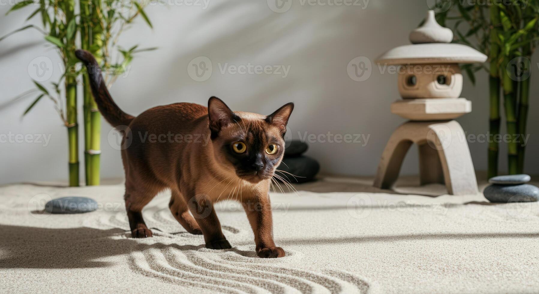 Burmese cat exploring zen garden with bamboo and stone lantern for tranquil and calming design photo
