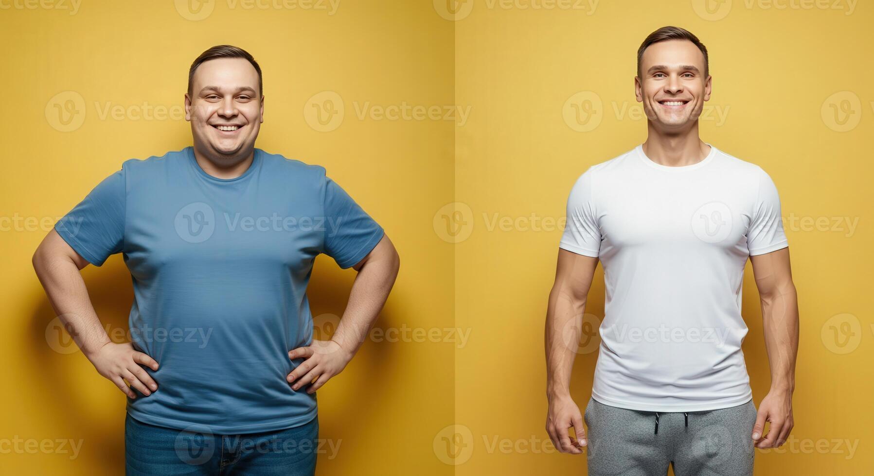 Transformation journey of two young caucasian males with varied body types on a yellow background photo