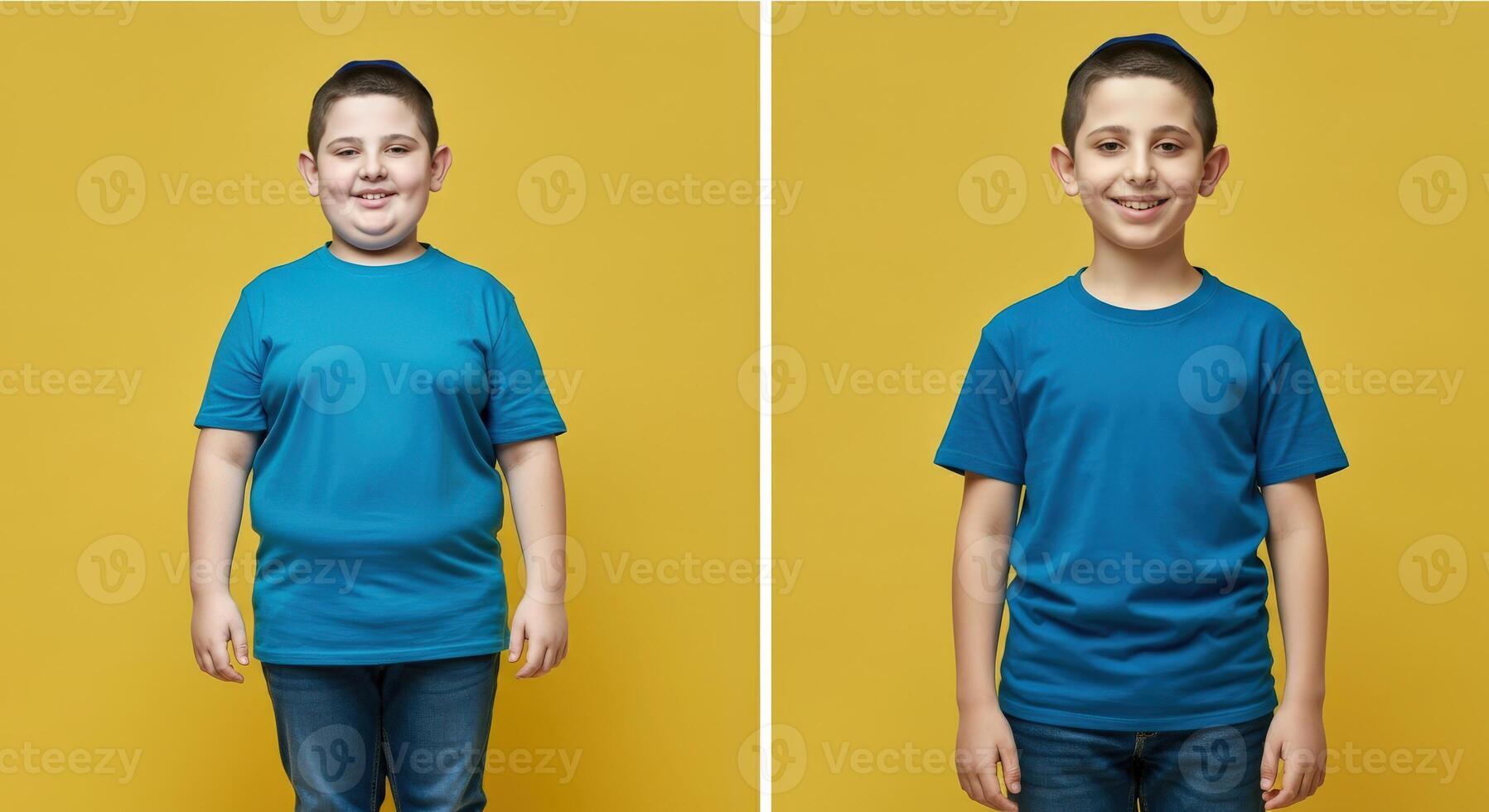 Smiling young boys in blue t-shirts against yellow background for diversity concept photo