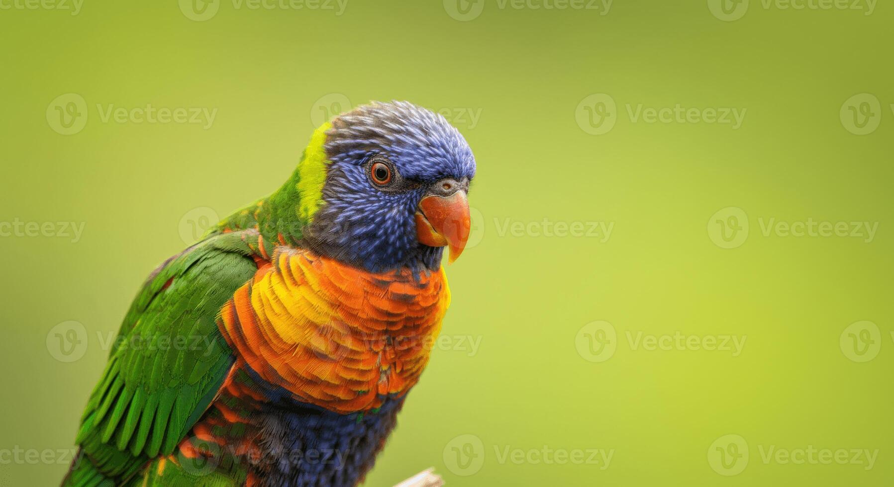 Vibrant rainbow lorikeet on green background for nature and wildlife themes photo