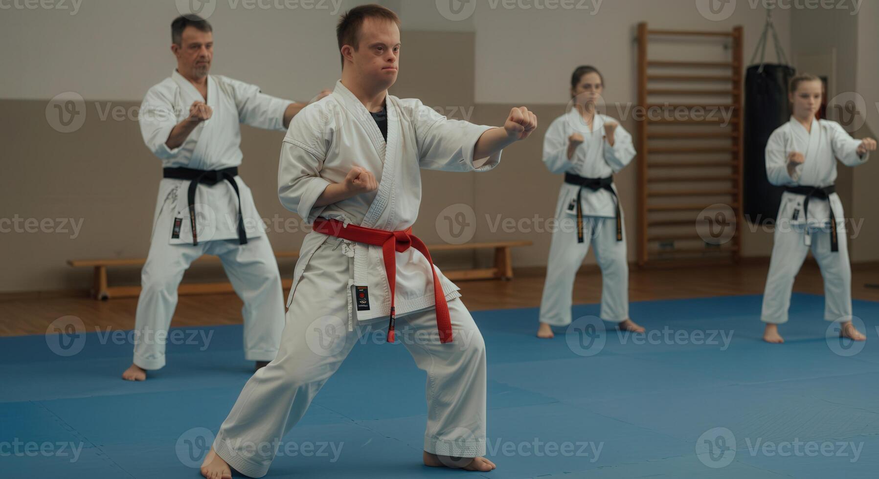 Inclusive martial arts class. karate training for all abilities, featuring diverse practitioners photo