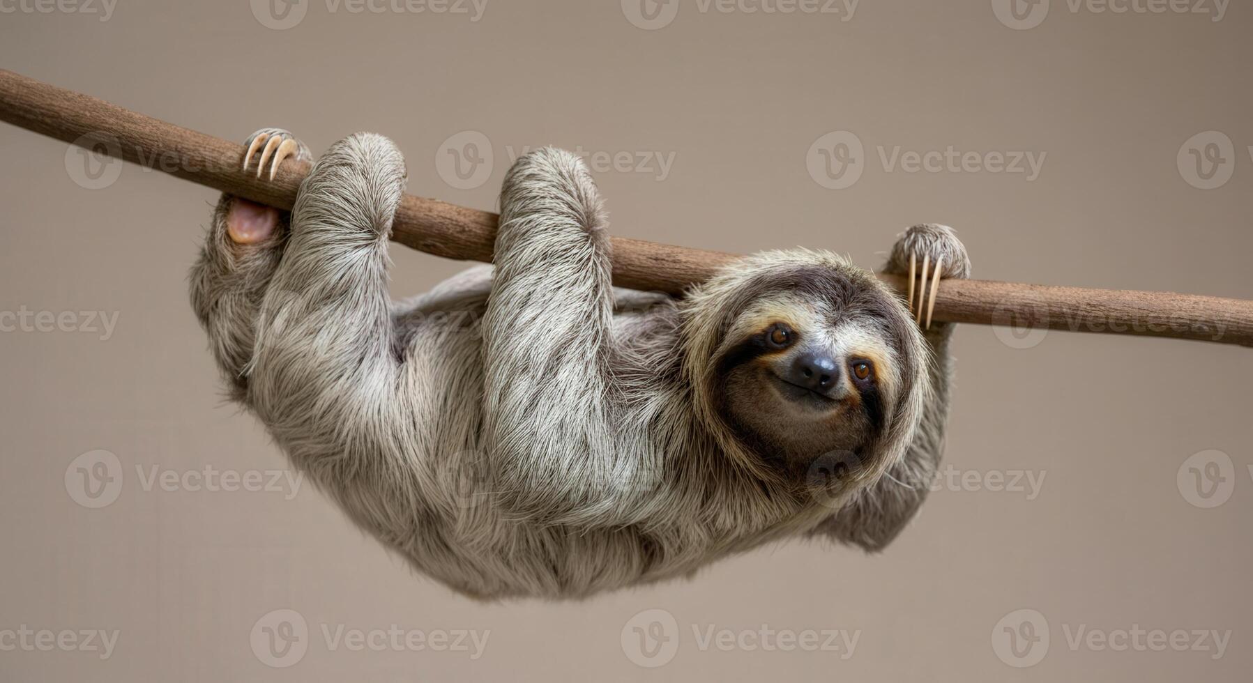 Playful sloth hanging from branch for nature and wildlife posters and educational material photo