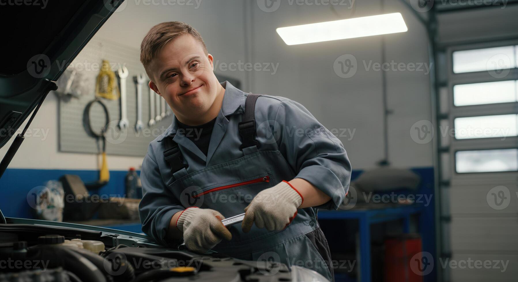 Mechanic with down syndrome in workshop, automotive repair, diversity and inclusion photo