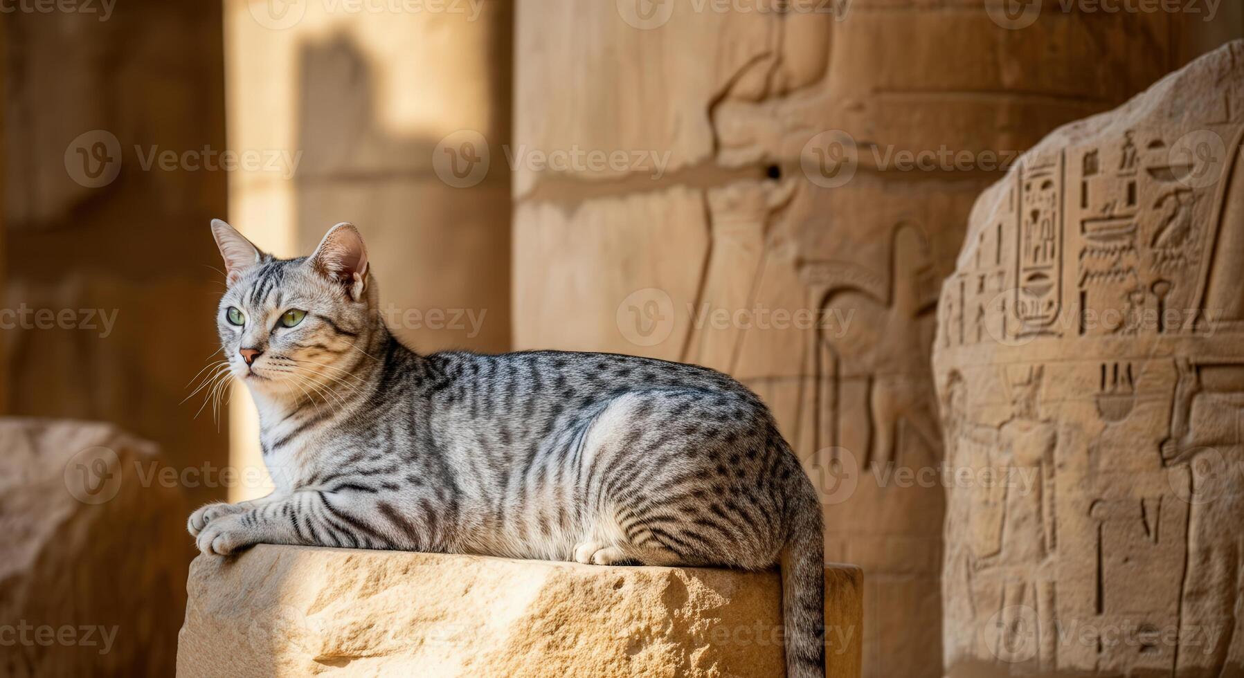 Majestic spotted cat relaxing at ancient egyptian temple for cultural and historical exploration photo