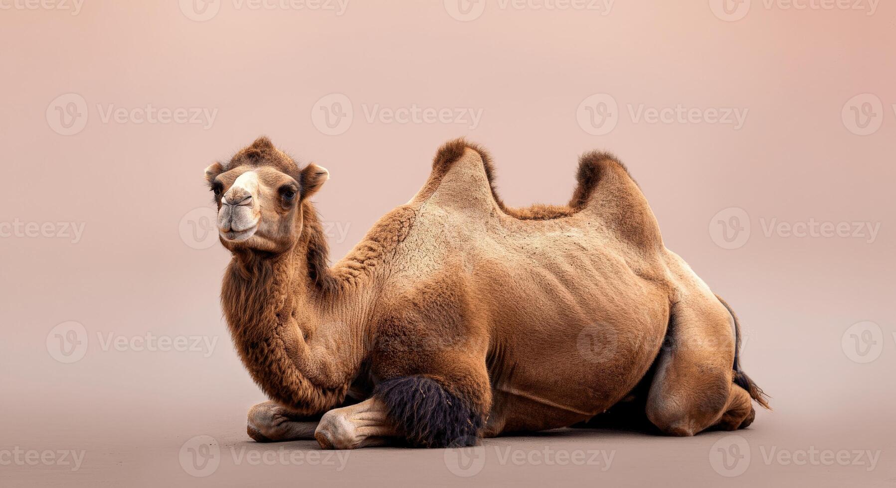 Majestic bactrian camel resting in desert landscape for nature and wildlife themes photo