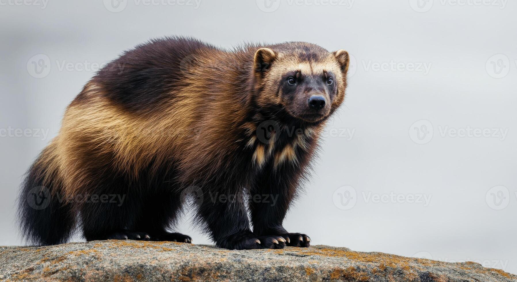 Wolverine in natural habitat on rocky terrain with gray background photo