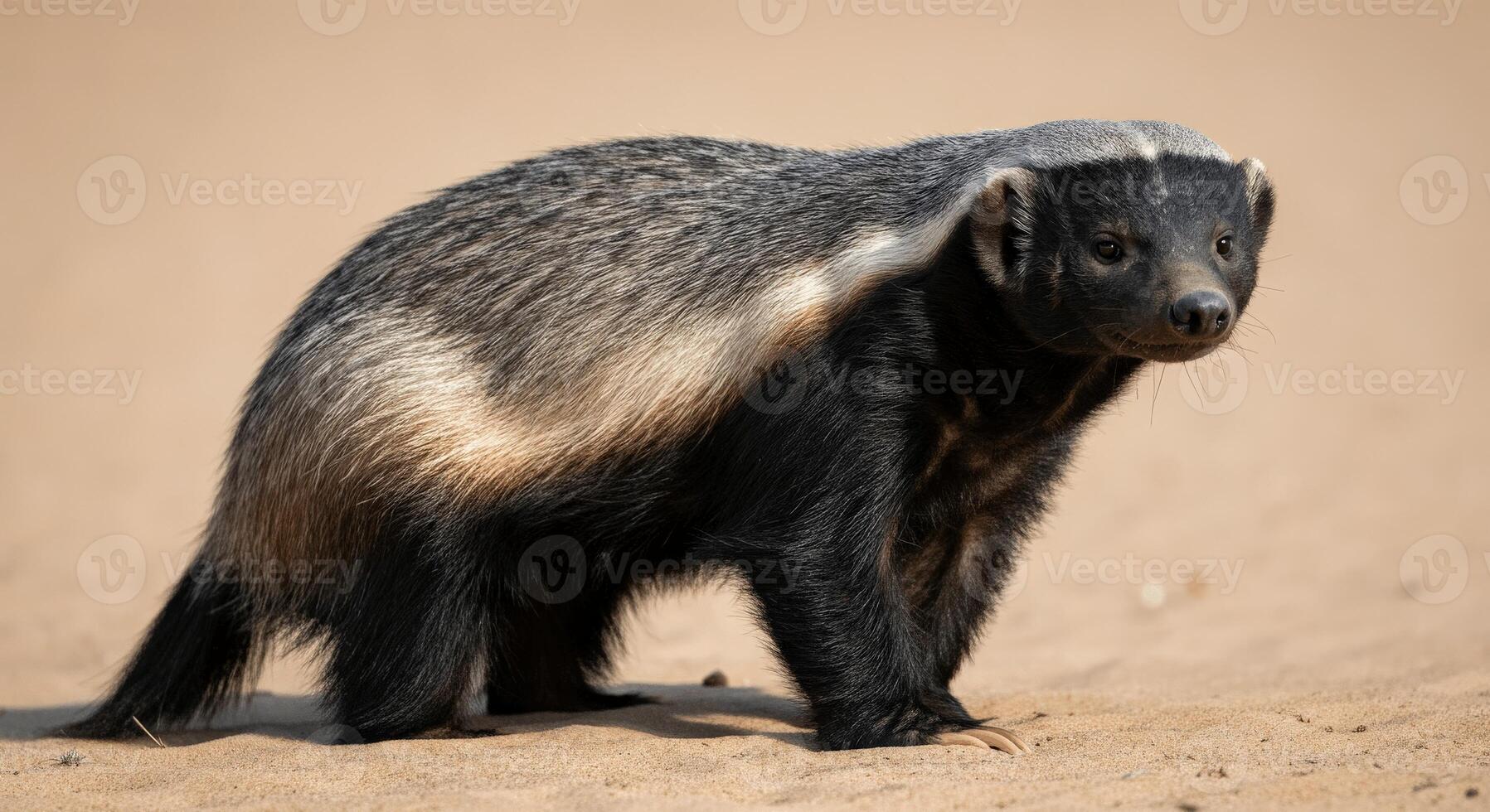 Honey badger in desert environment displaying unique fur and resilient stance photo